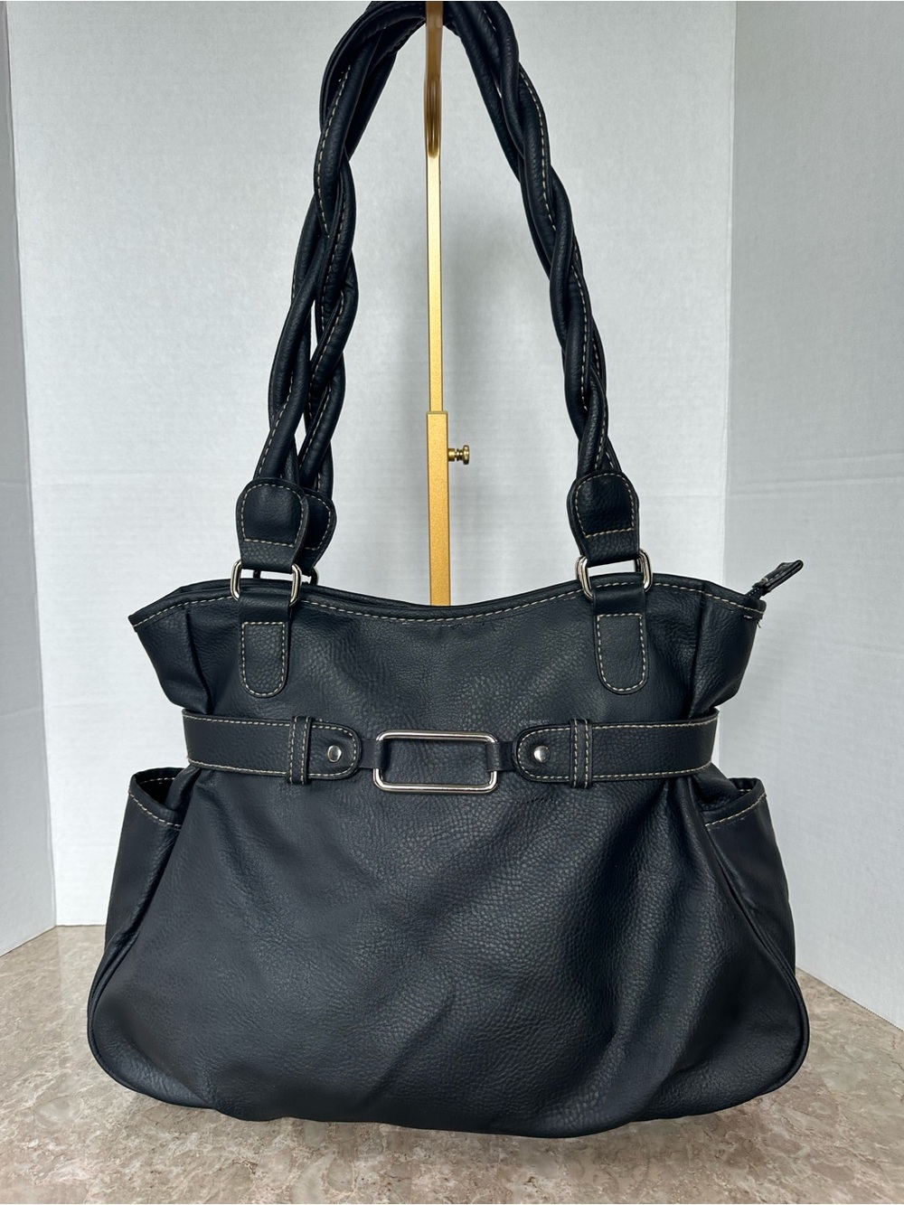 Y2K Black Shoulder Satchel Purse Contrast Stitching Braided Dual Handle Edgy Bag